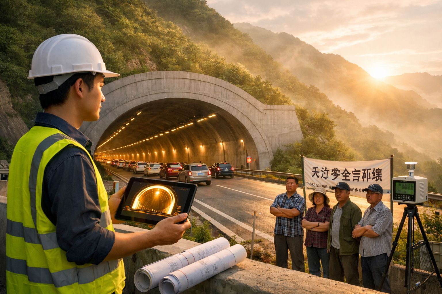 Engenheiro com capacete e colete reflete na construção do túnel, vendo escavação via tablet ao pôr do sol.