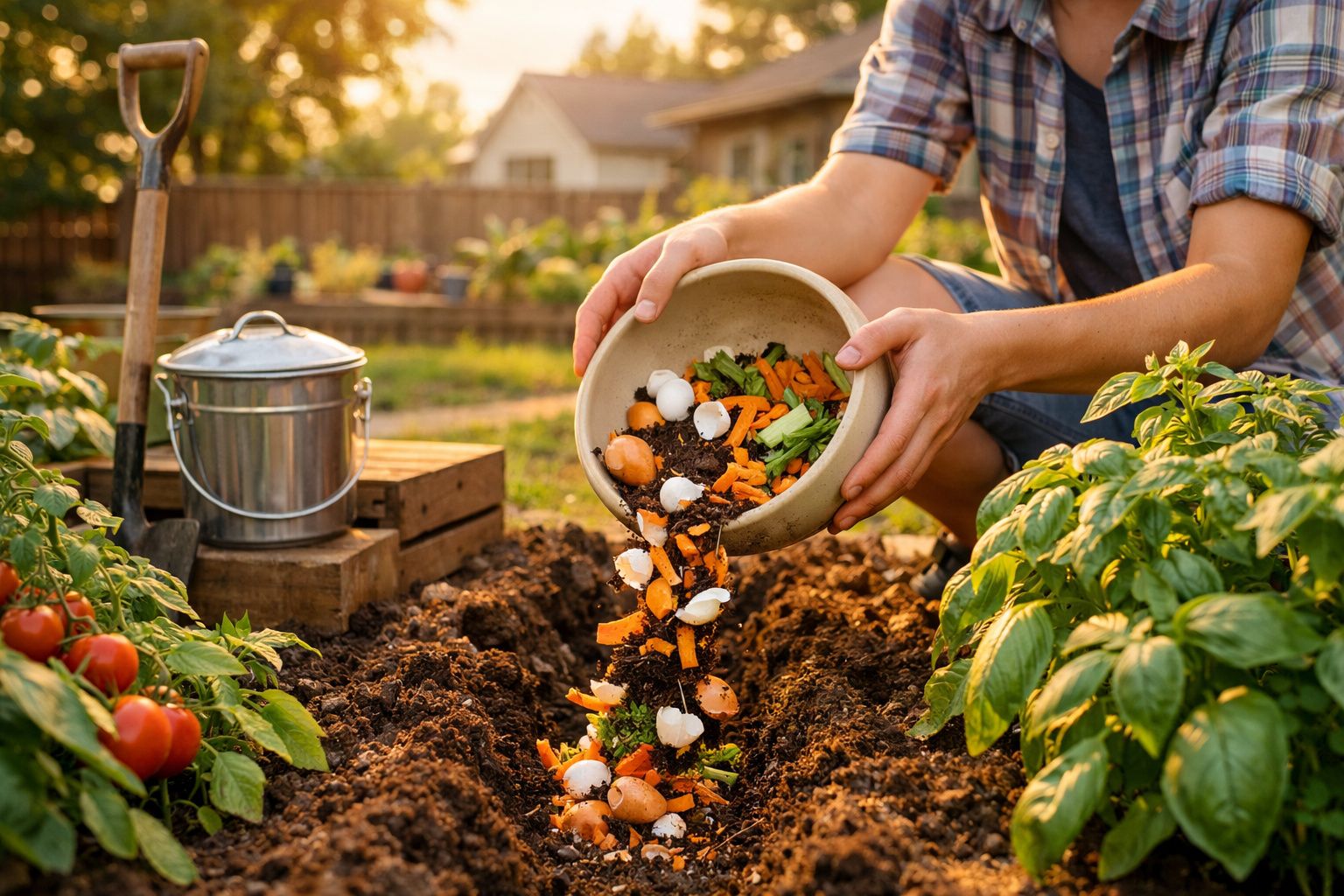 Pessoa a deitar restos de alimentos na terra de uma horta ensolarada com plantas e tomates maduros.