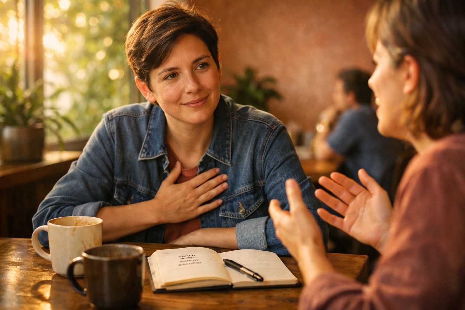Duas mulheres conversam num café, uma com mão no peito e a outra gesticula, com cadernos e canecas na mesa.