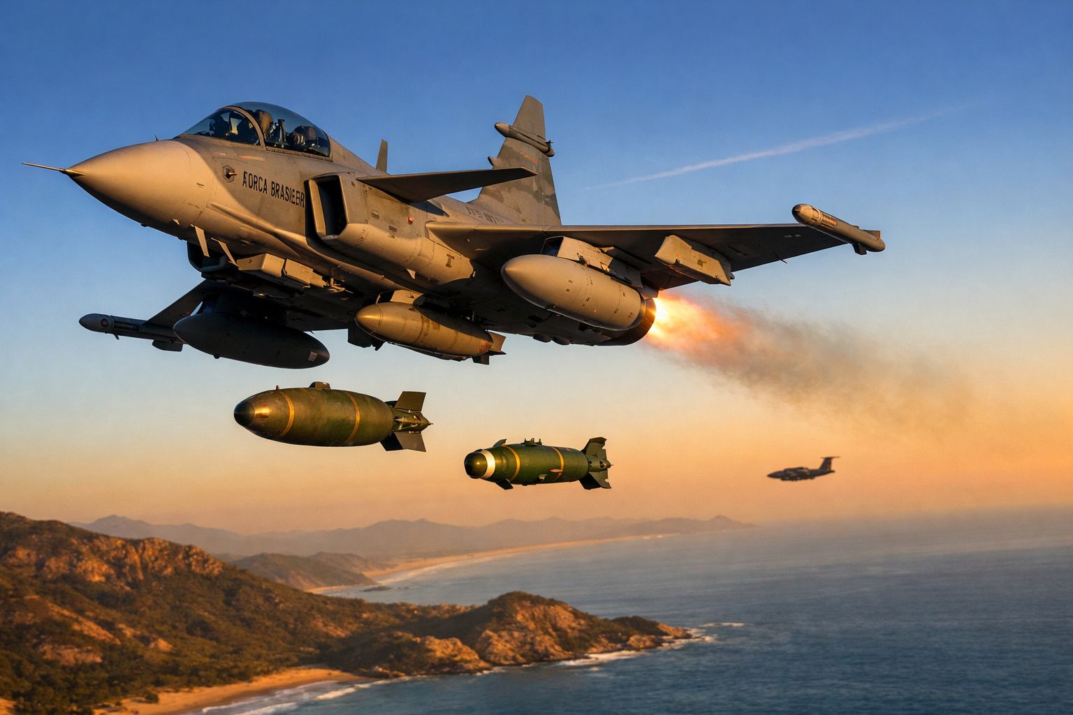 Caça militar da Força Aérea Brasileira em voo, lançando bombas sobre paisagem costeira ao pôr do sol.