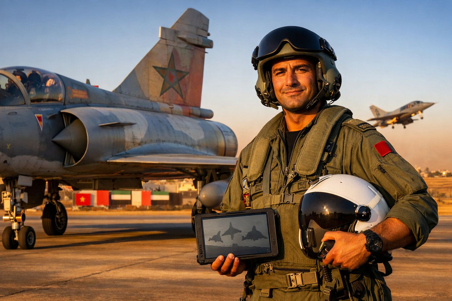 Piloto militar em uniforme e capacete na mão, posando em pista com aviões de caça ao fundo ao pôr do sol.