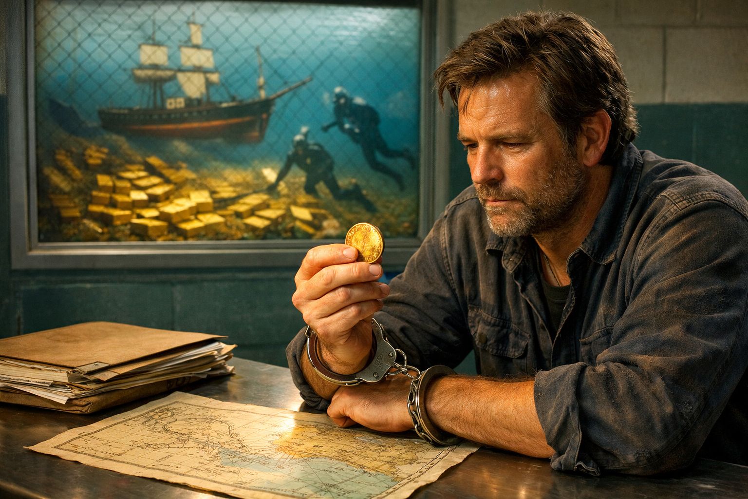 Homem algemado analisa moeda dourada junto a mapa, com quadro de barco e mergulhadores ao fundo.