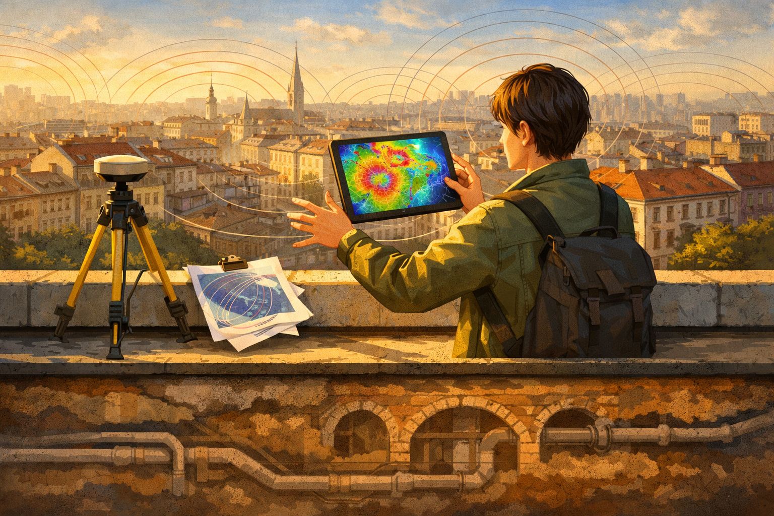 Homem com mochila observa no tablet mapas coloridos numa cidade, com equipamento geodésico e desenhos numa varanda.