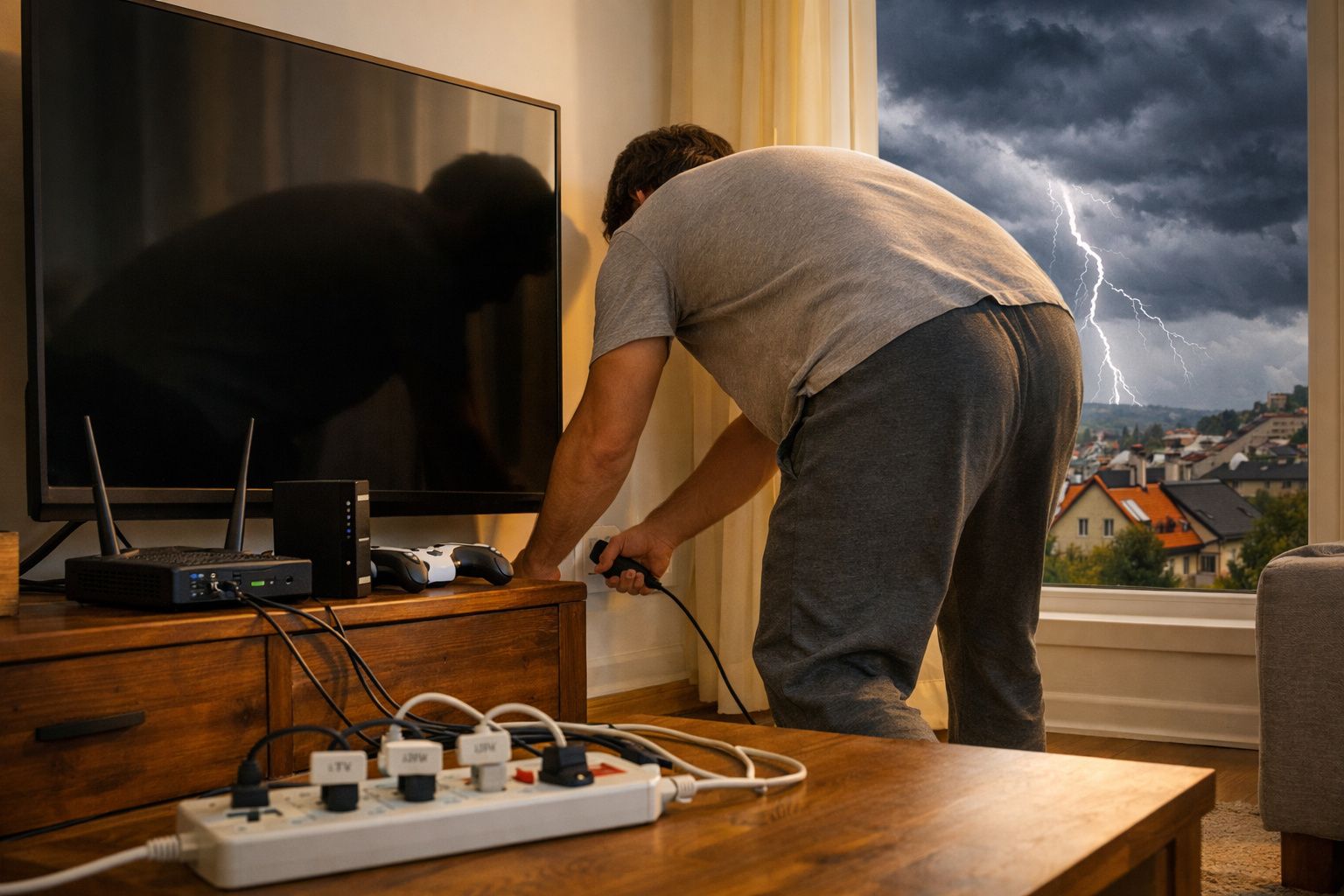 Homem a desligar aparelhos eletrónicos numa sala enquanto relâmpagos iluminam o céu através da janela.
