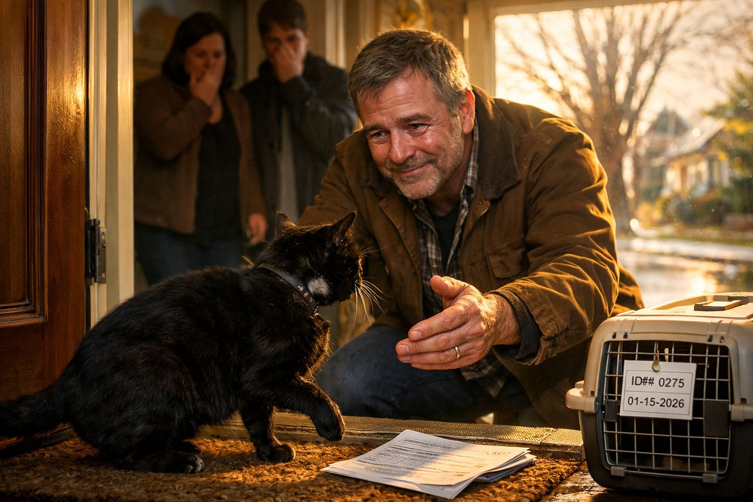 Homem sorridente estende a mão para gato preto junto a transportadora na porta de casa com casal ao fundo.