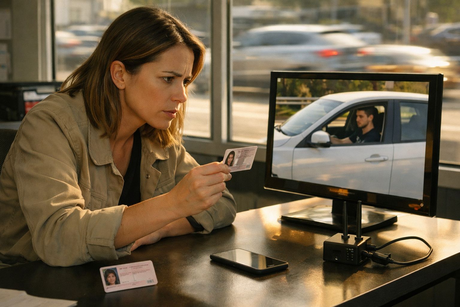 Mulher a examinar carta de condução em frente a monitor com imagem de homem ao volante de carro branco.