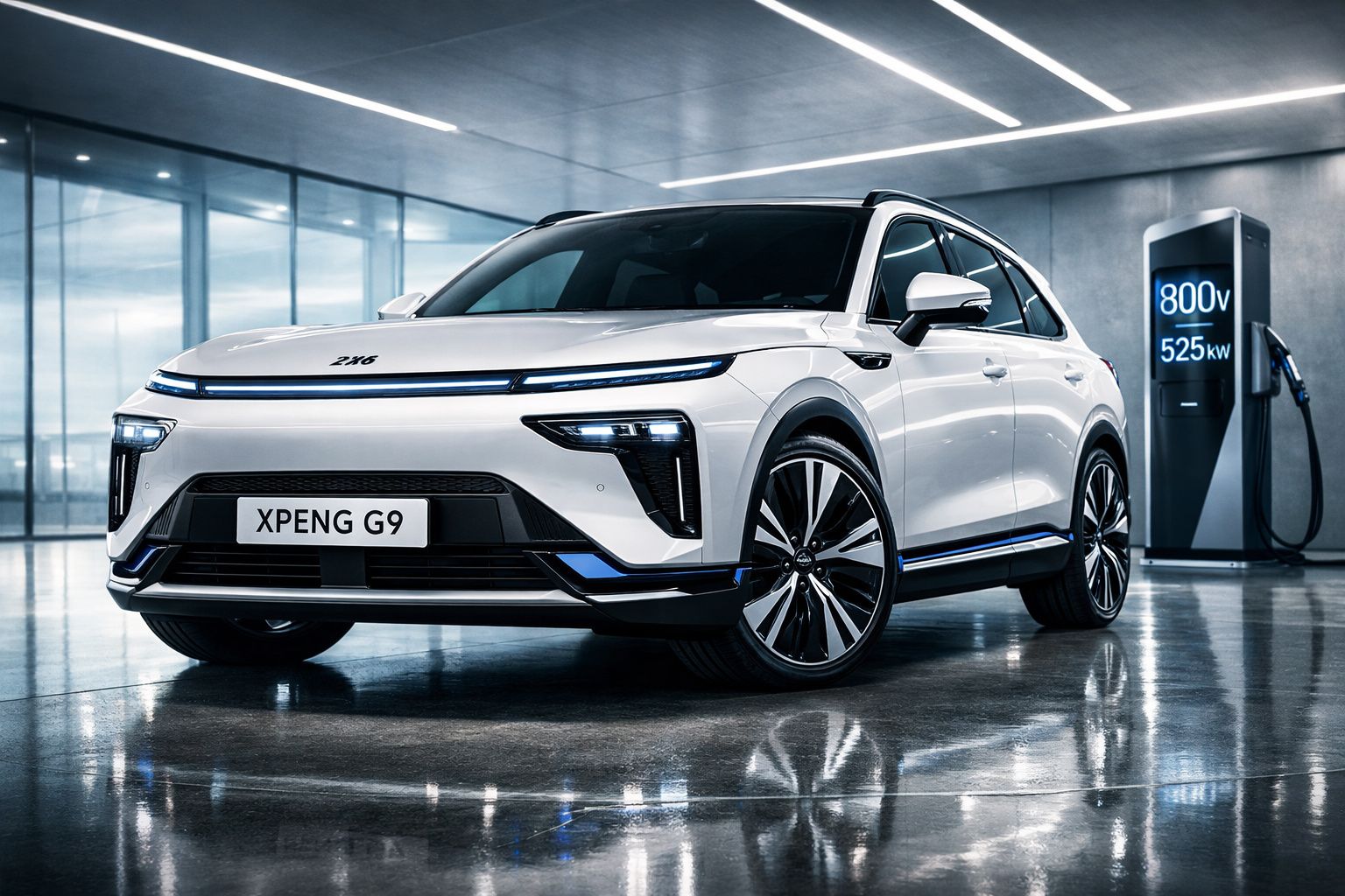 Carro elétrico branco XPeng G9 estacionado junto a um posto de carregamento num interior moderno.