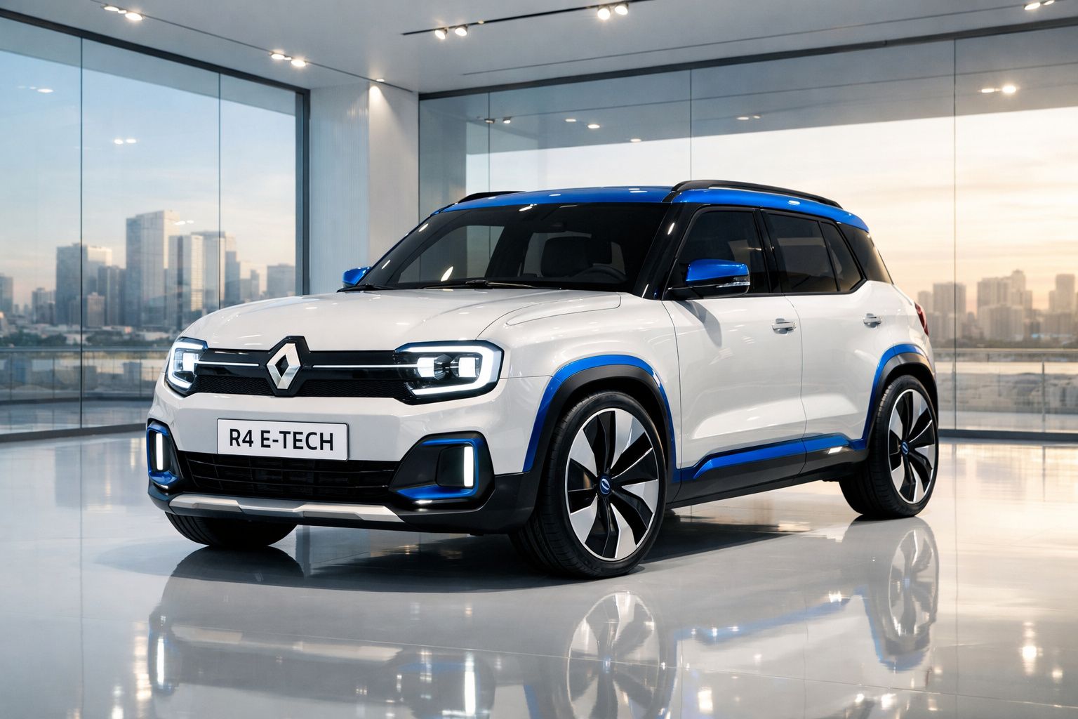 Carro elétrico Renault R4 E-TECH branco com detalhes azuis em exposição num espaço moderno com janelas amplas.