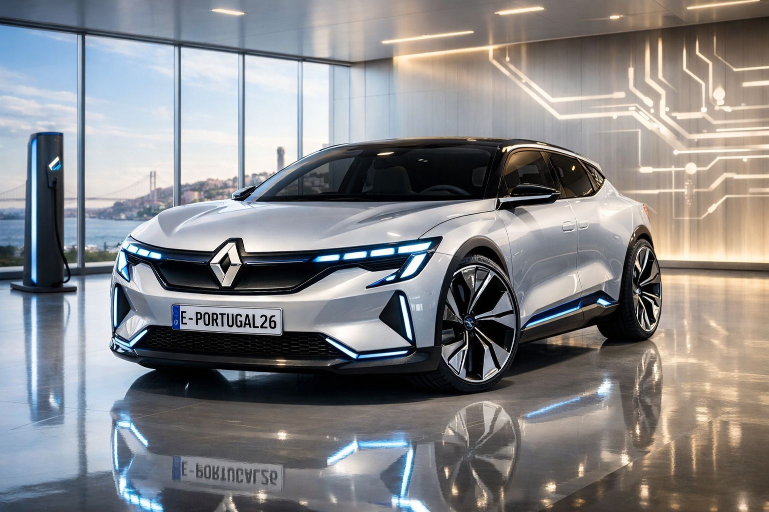 Automóvel elétrico moderno Renault estacionado em espaço interior com vidro e parede iluminada.