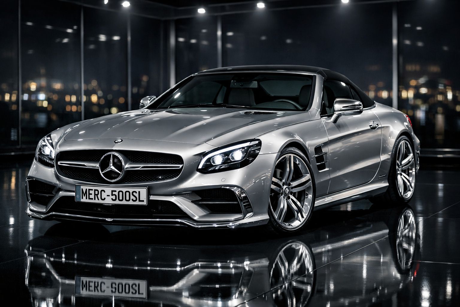 Automóvel Mercedes-Benz prata modelo desportivo estacionado em ambiente urbano com reflexos no chão.