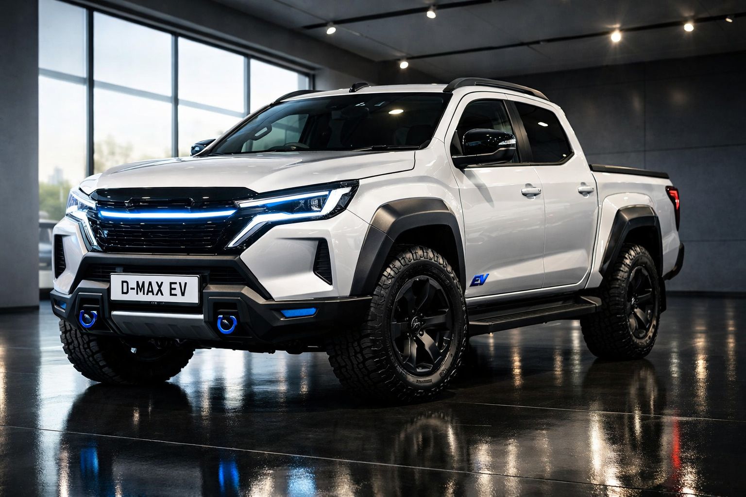 Picape elétrica D-Max EV branca estacionada em interior com chão preto refletivo e janelas grandes.