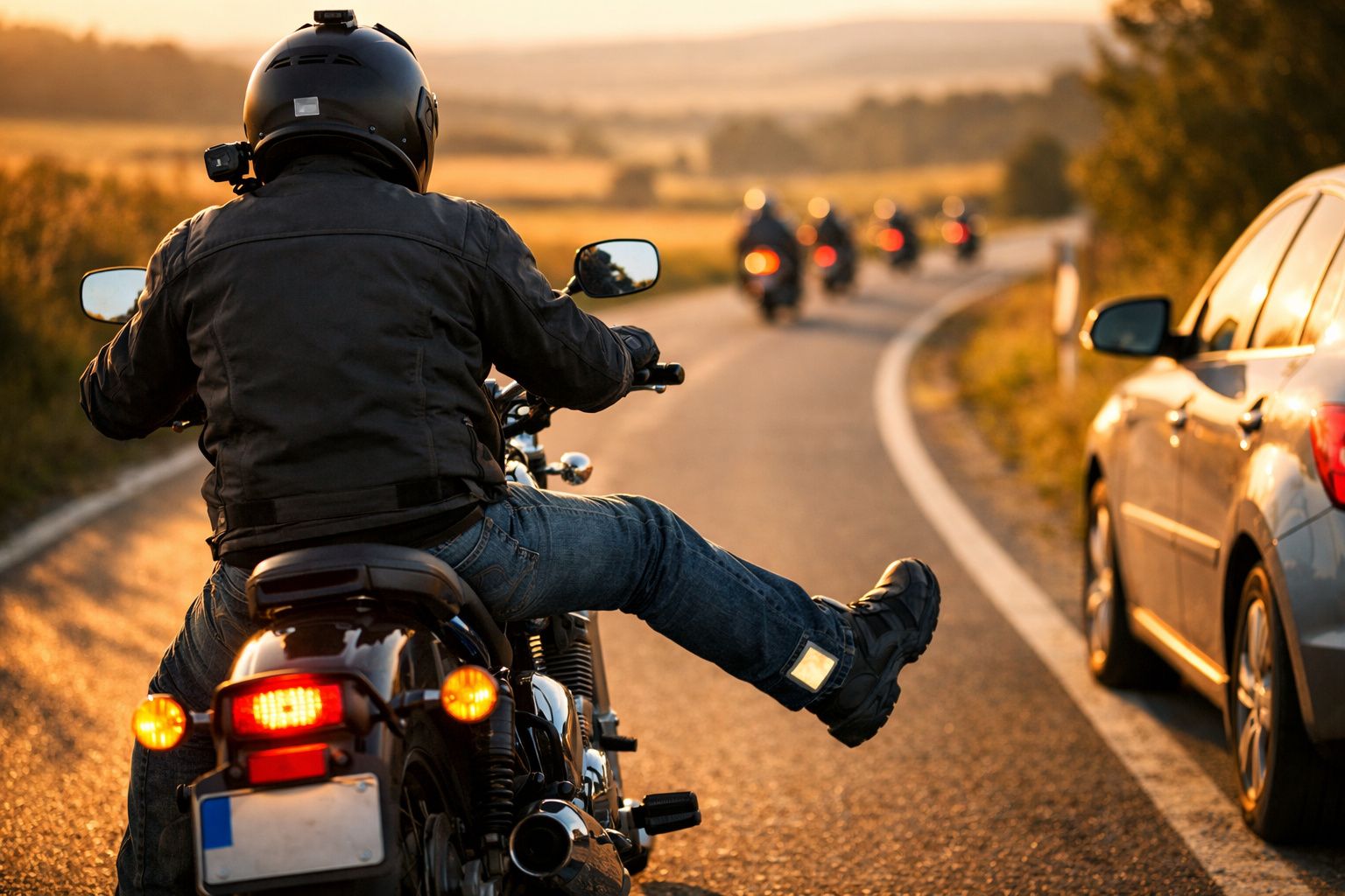 Motociclista com equipamento preto estende a perna numa estrada com outros motociclistas e um carro ao lado.