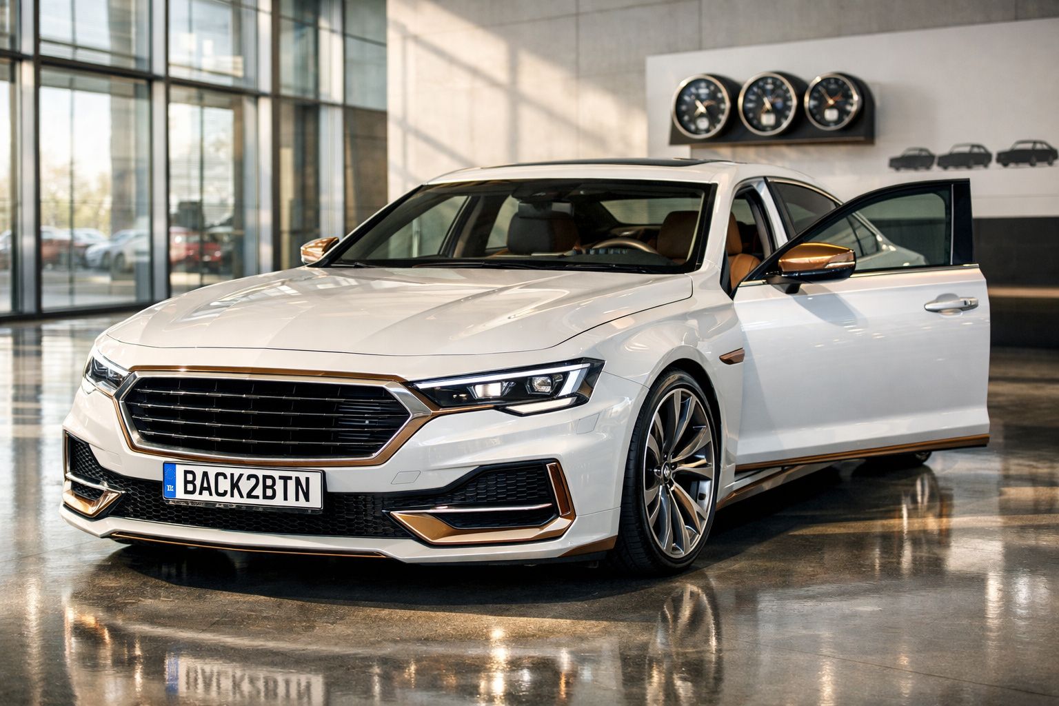 Carro desportivo branco com detalhes dourados estacionado num interior moderno com porta dianteira aberta.