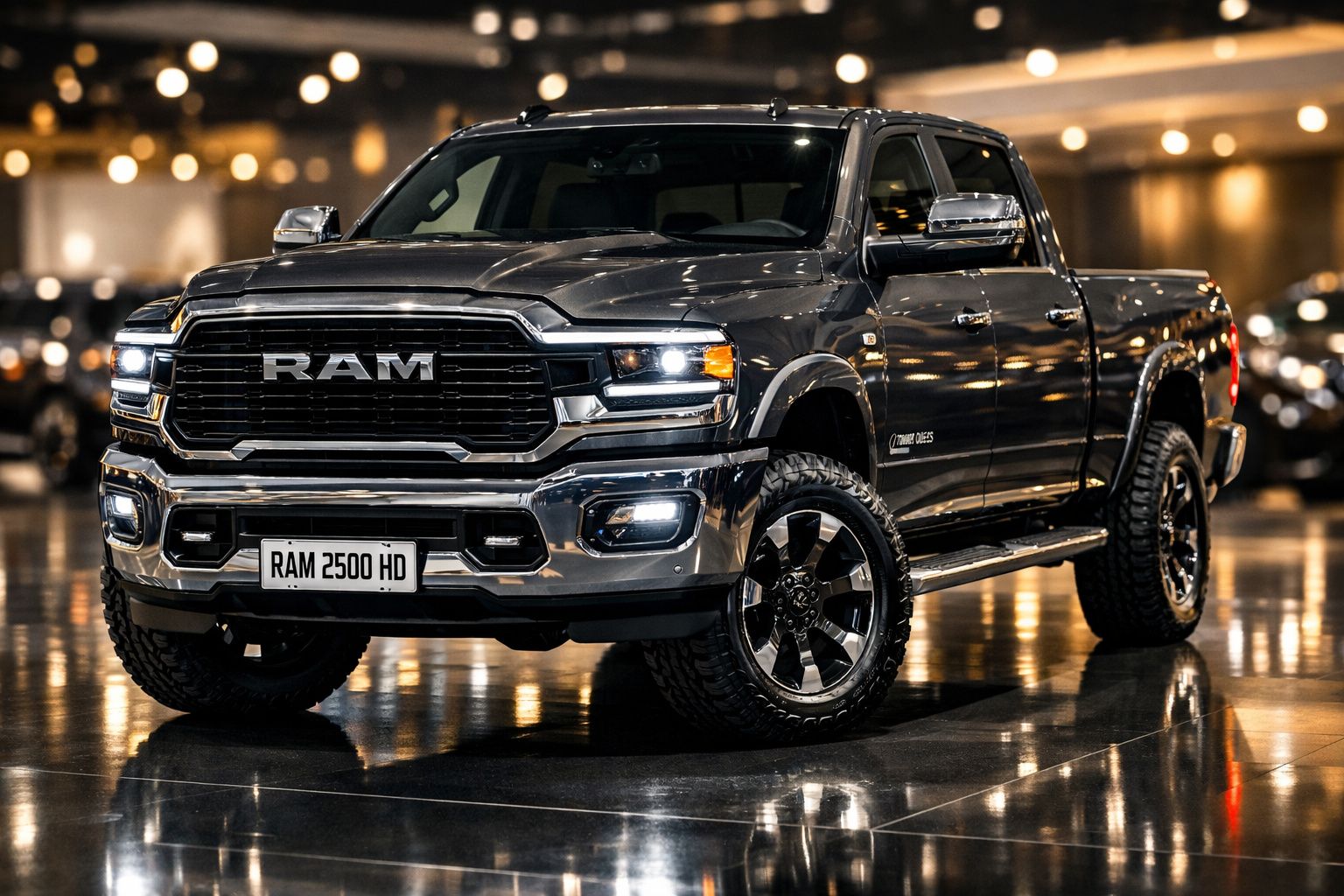 Picape preta RAM 2500 HD estacionada em interior com luzes refletidas no chão brilhante.