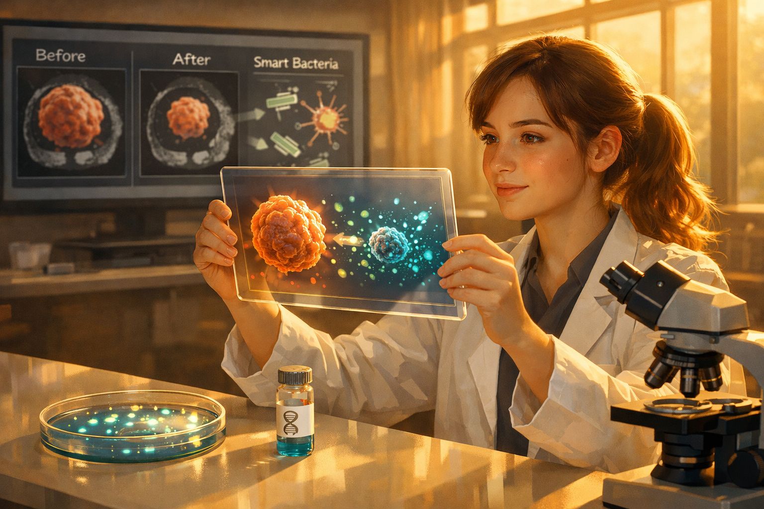 Cientista em laboratório a analisar bactérias inteligentes numa placa transparente com microscópio e lâmina.