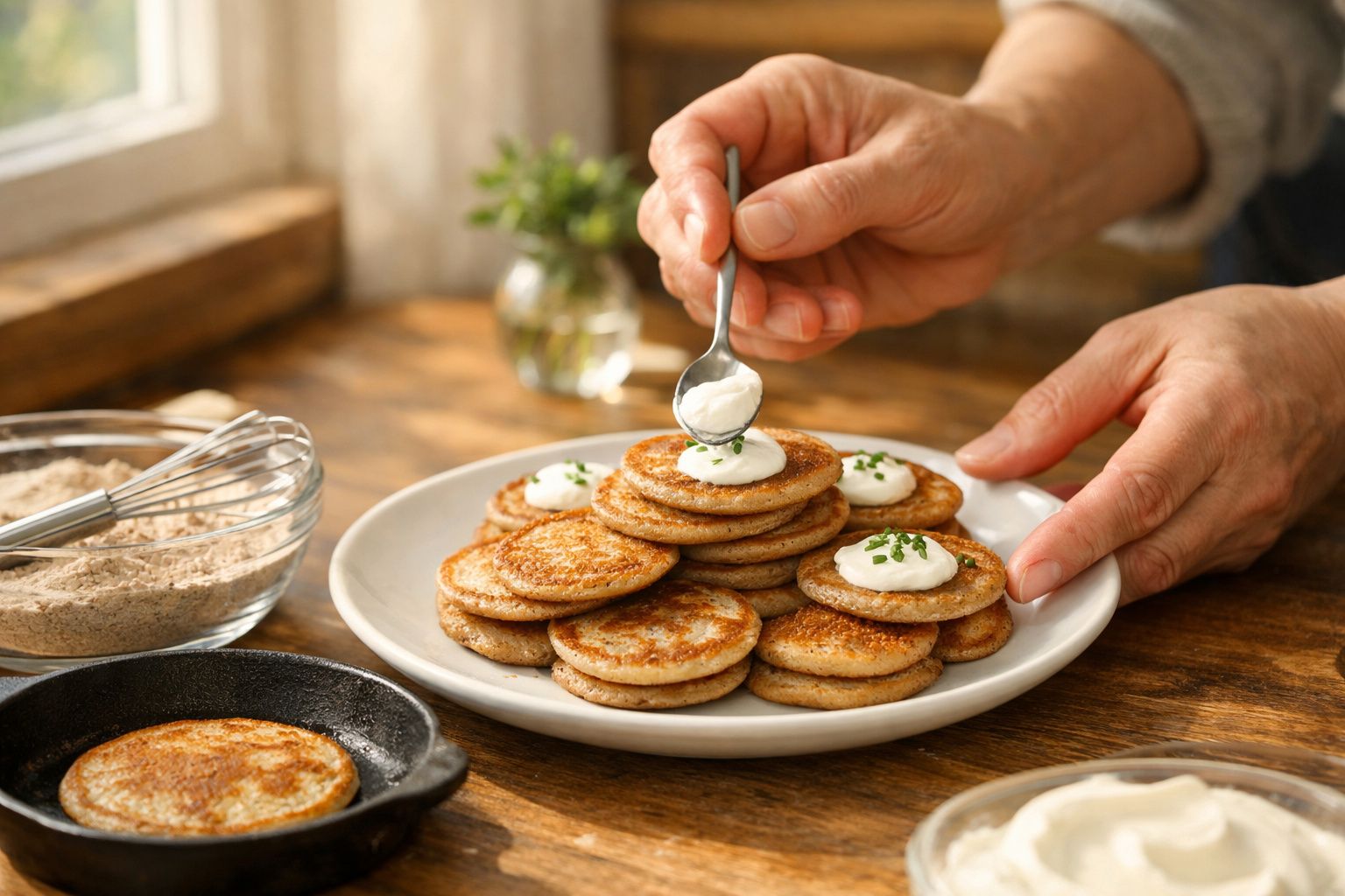 Mãos a colocar colherada de creme em panquecas pequenas empilhadas num prato branco sobre mesa de madeira.