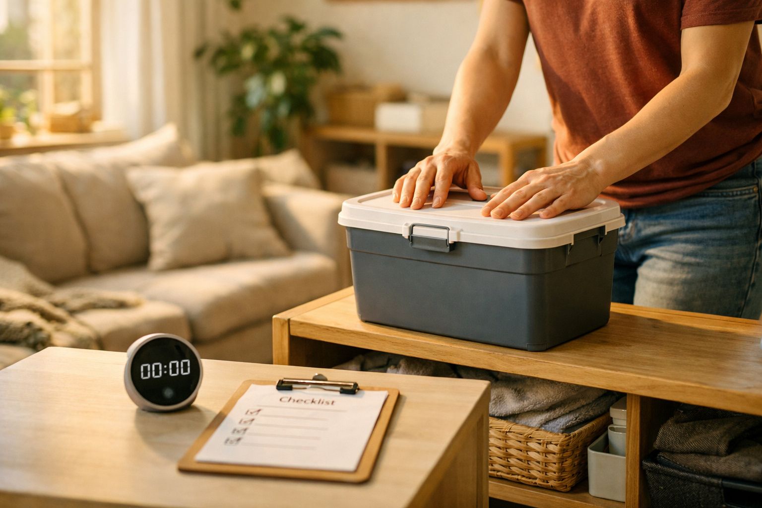 Pessoa a fechar caixa de ferramentas numa sala com relógio digital e lista de verificação sobre a mesa.
