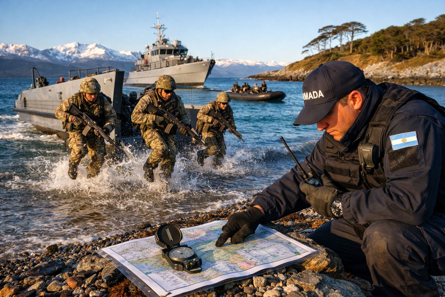 Soldados armados a desembarcar na praia enquanto oficial analisa mapa e bússola em zona costeira montanhosa.