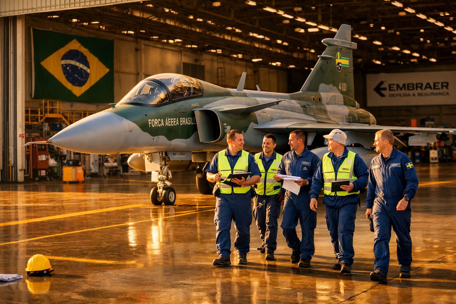 Técnicos uniformizados caminham em hangar ao lado de caça da Força Aérea Brasileira com bandeira do Brasil ao fundo.