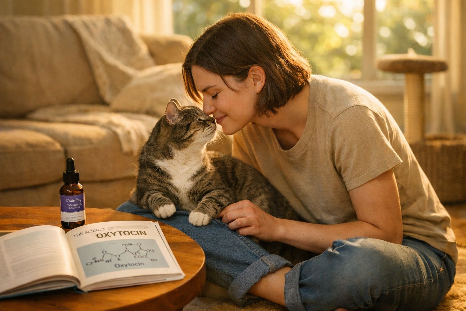 Mulher sentada junto a um gato numa sala, tocando o focinho e com livro aberto sobre oxitocina na mesa.