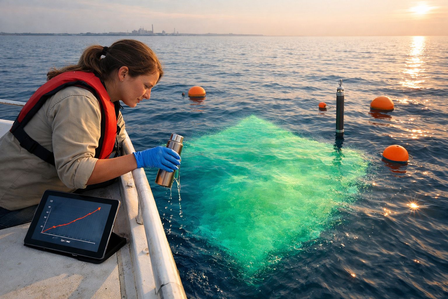 Mulher de colete salva-vidas recolhe amostra de água do mar com dispositivo numa embarcação ao entardecer.