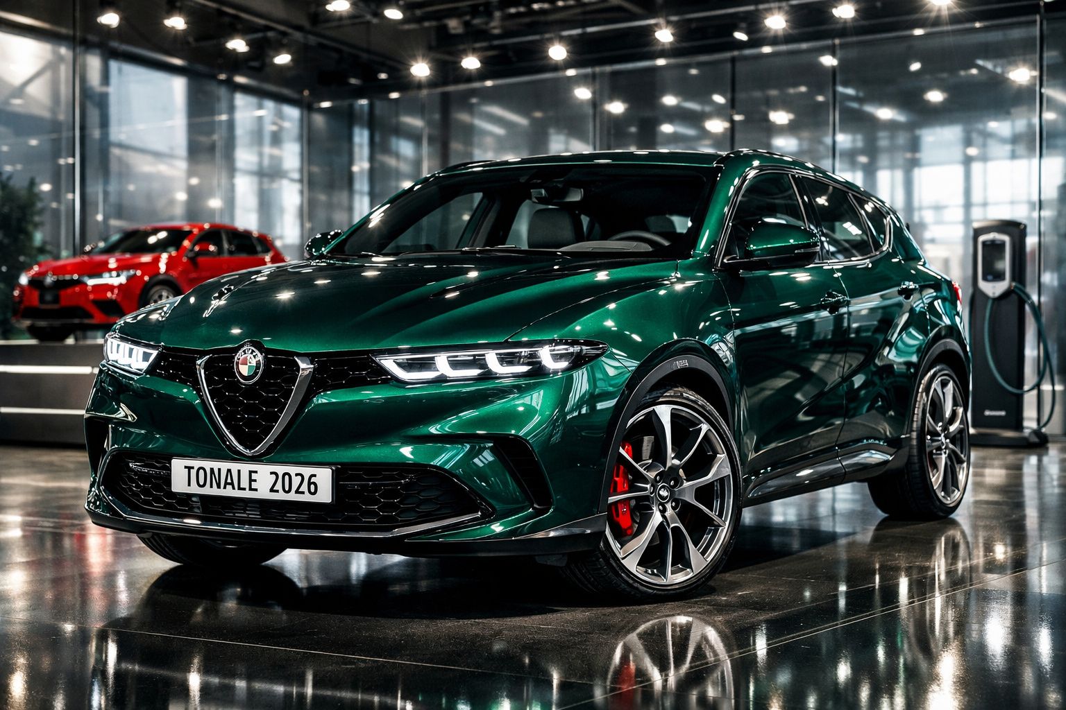 Automóvel SUV Alfa Romeo Tonale 2026 verde metálico em exposição num salão moderno.