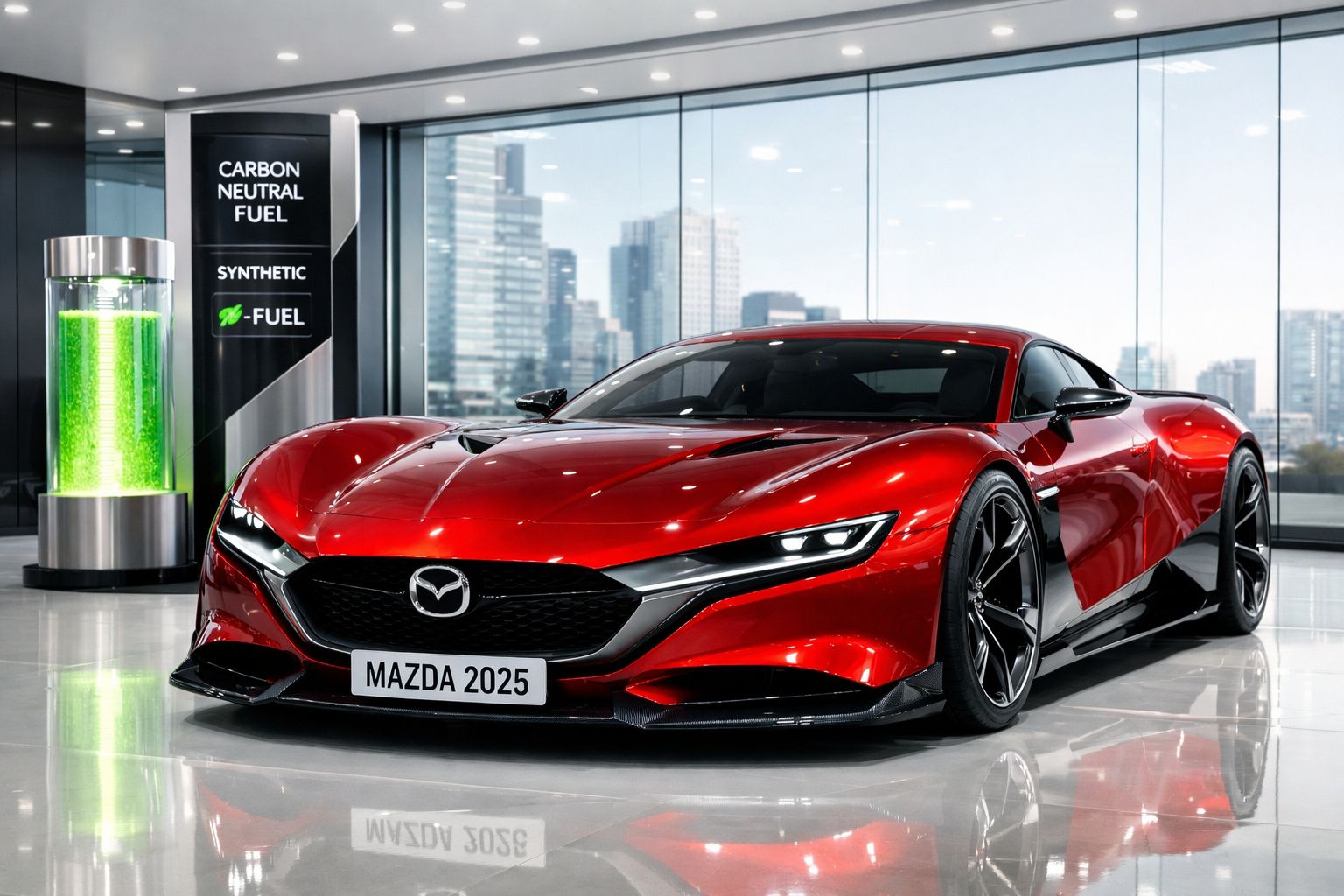 Carro desportivo vermelho Mazda 2025 exibido numa sala futurista com painel sobre combustível neutro em carbono.