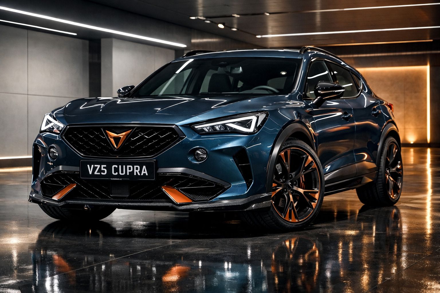 Carro desportivo CUPRA VZ5 azul metálico com detalhes em laranja, estacionado em garagem moderna iluminada.