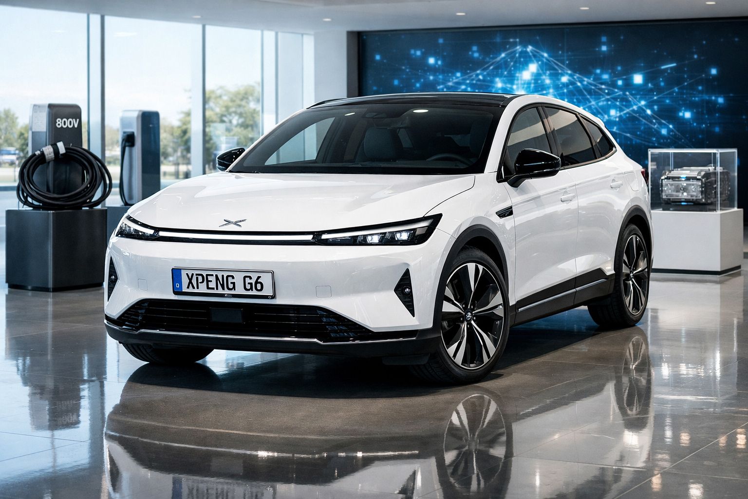 Carro elétrico branco XPeng G6 estacionado em showroom moderno com carregador ao fundo.