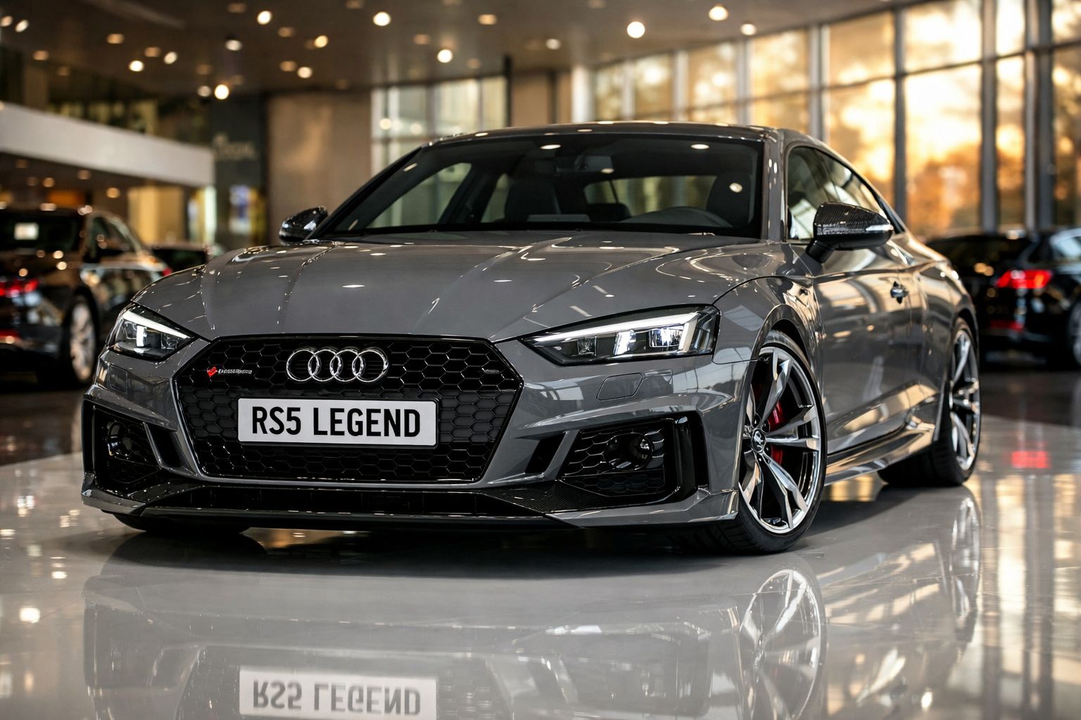 Automóvel Audi RS5 cinzento com matrícula personalizada "RS5 LEGEND" numa concessionária moderna.