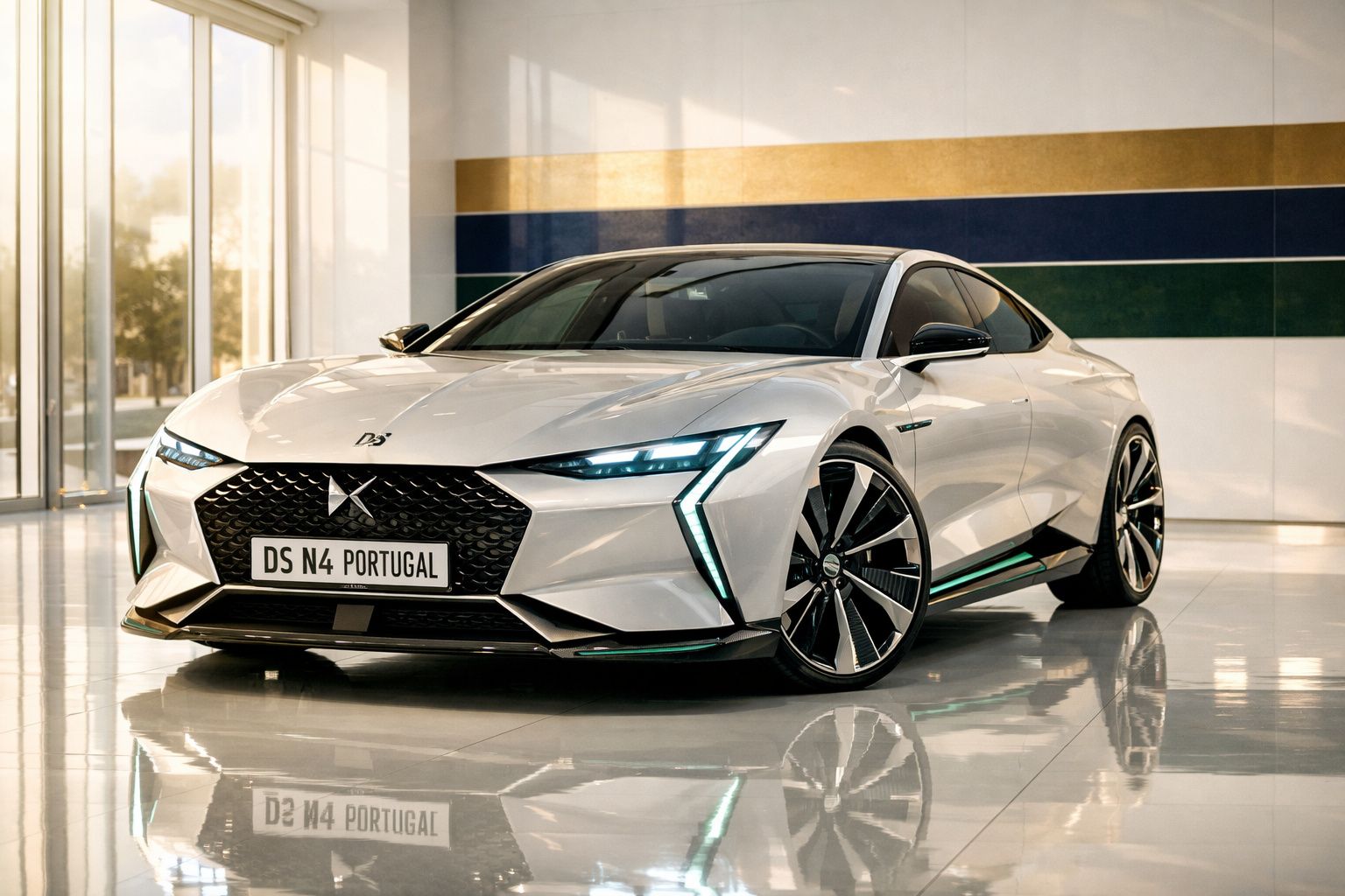 Carro desportivo elétrico branco DS N4 Portugal em espaço interior moderno com reflexos no chão.