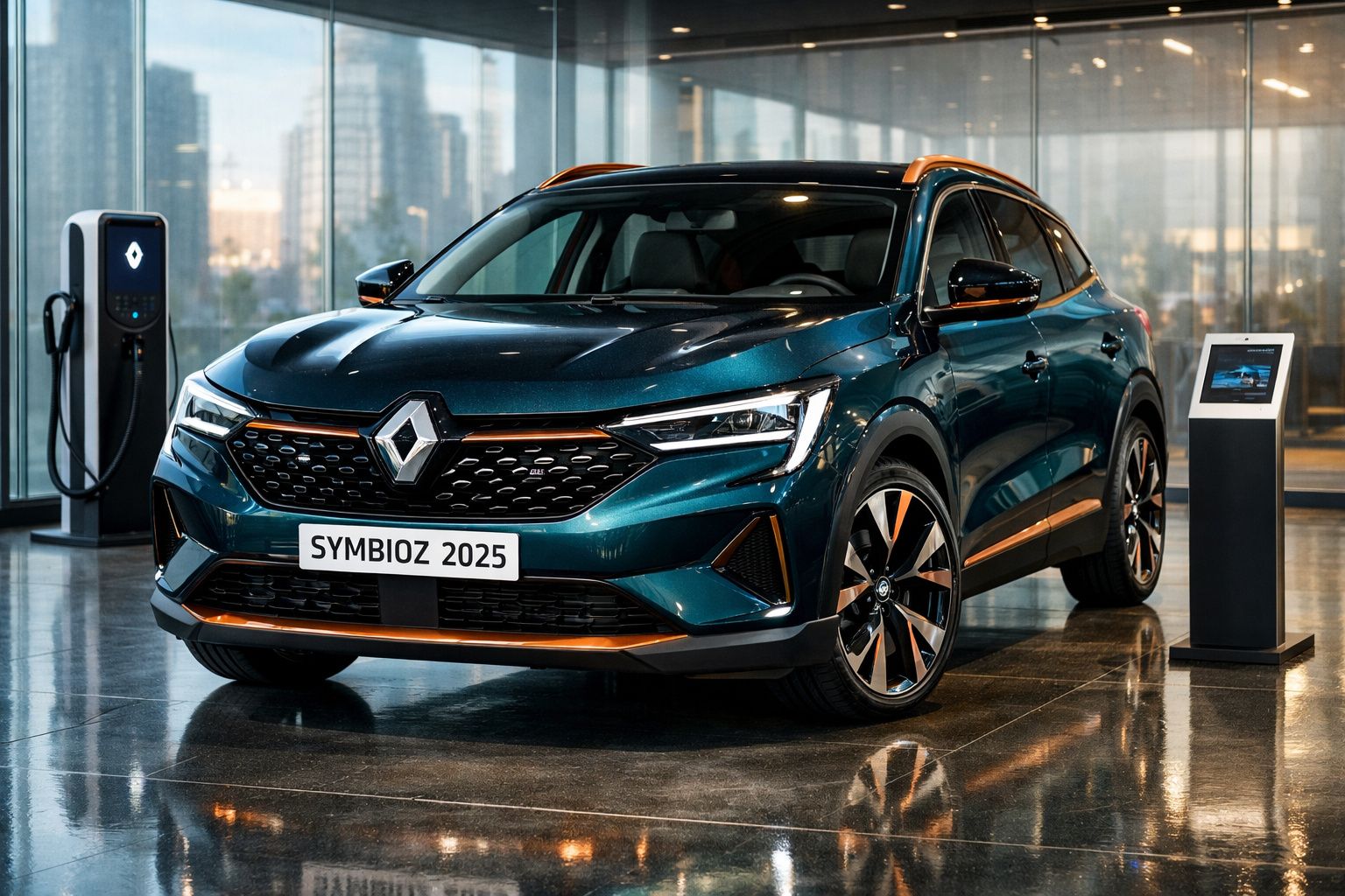 Carro elétrico Renault Symbioz 2025 azul com detalhes laranja, exposto junto a posto de carregamento indoor.