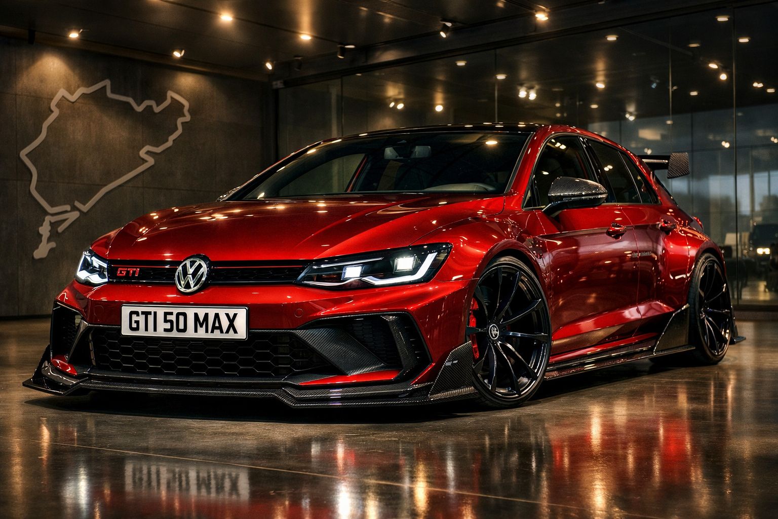 Carro desportivo Volkswagen Golf GTI vermelho com rodas pretas e aerofólio, em garagem iluminada.