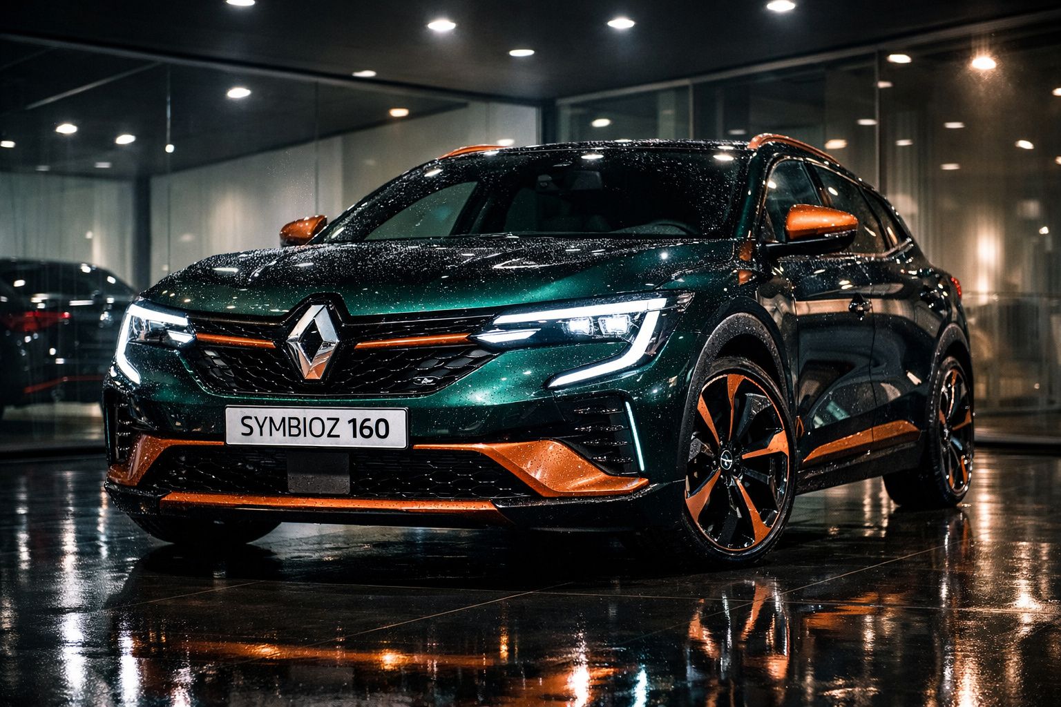Carro Renault Symbioz 160 verde escuro com detalhes laranja, estacionado em piso molhado à noite.