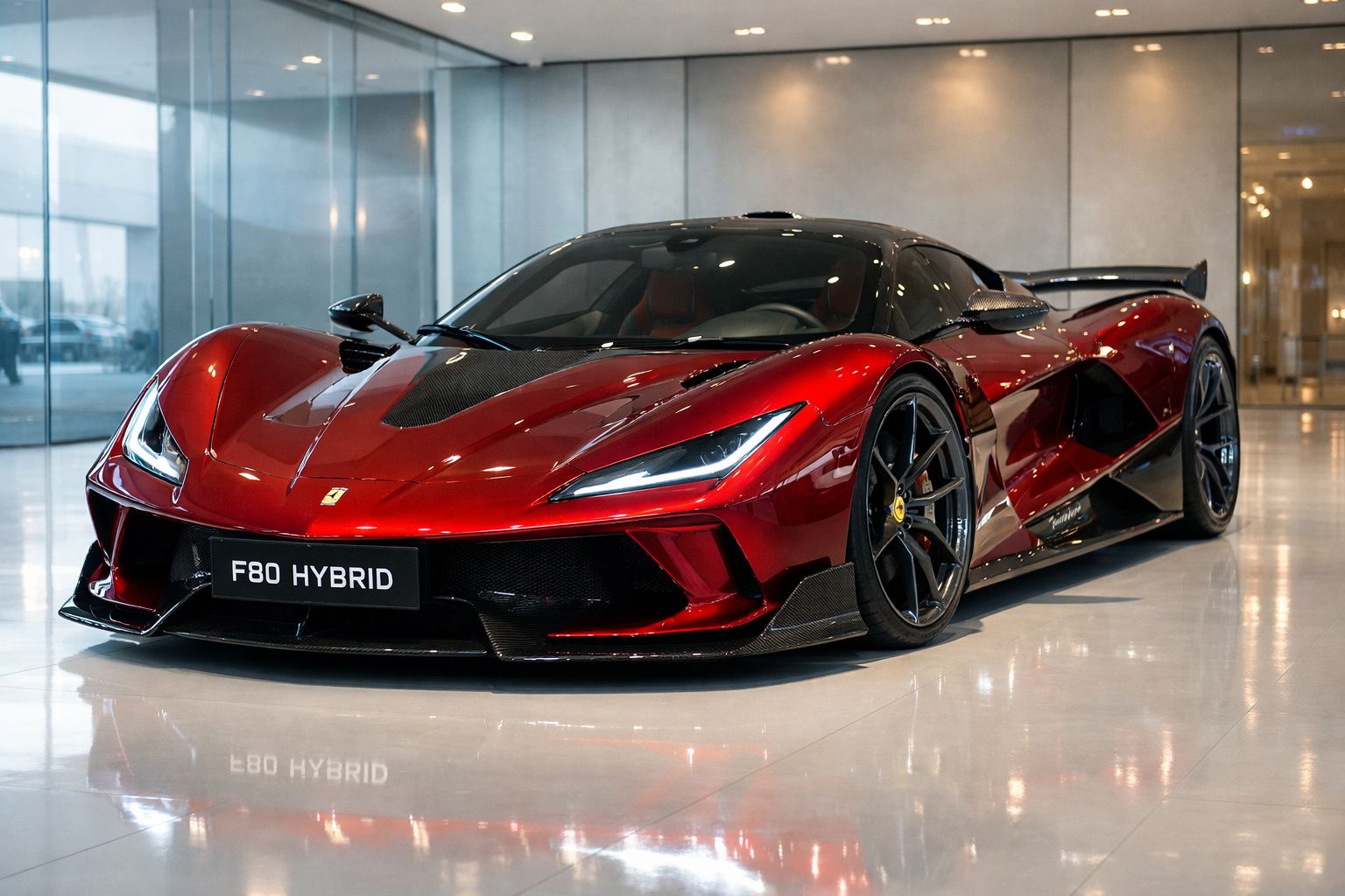 Carro desportivo híbrido vermelho Ferrari F80 estacionado em interior moderno com chão brilhante.