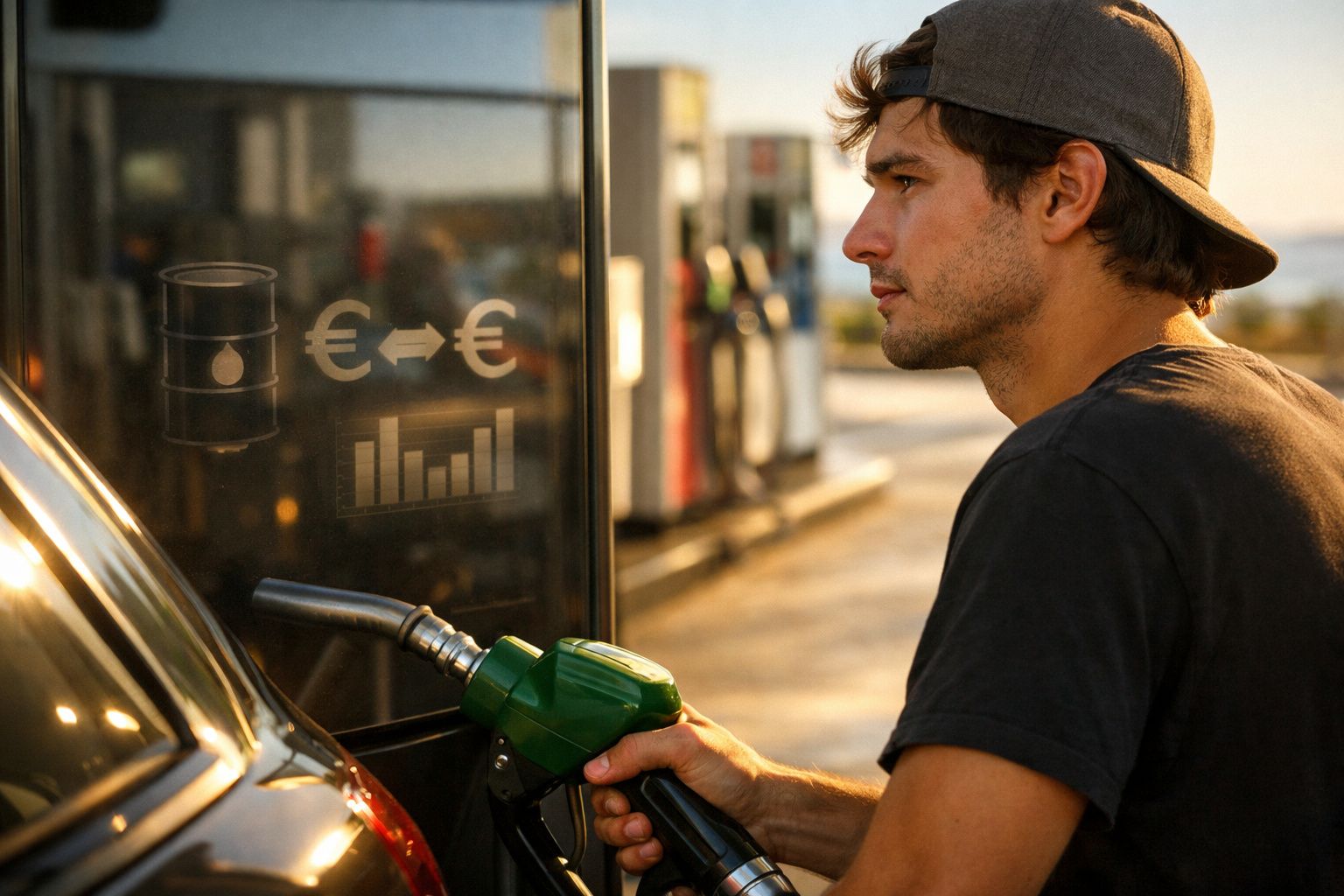 Homem a abastecer carro numa bomba de combustível ao pôr-do-sol com ícones de preço no vidro.