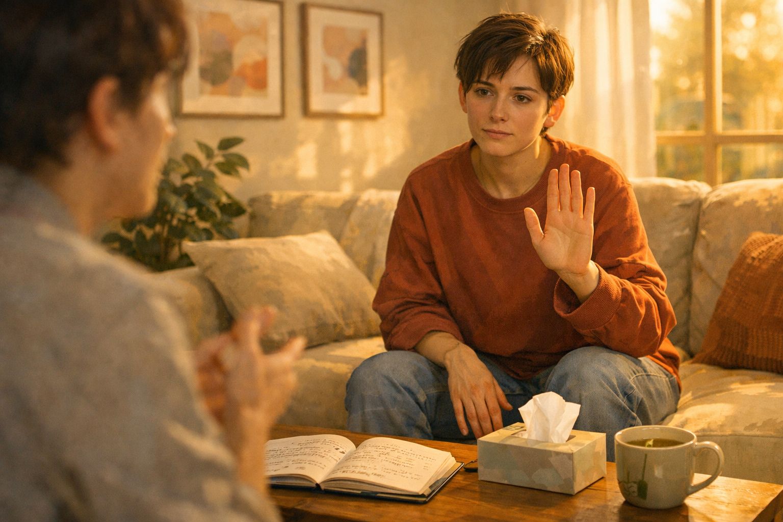 Mulher sentada no sofá com expressão séria e mão levantada, conversando com outra pessoa numa sala acolhedora.