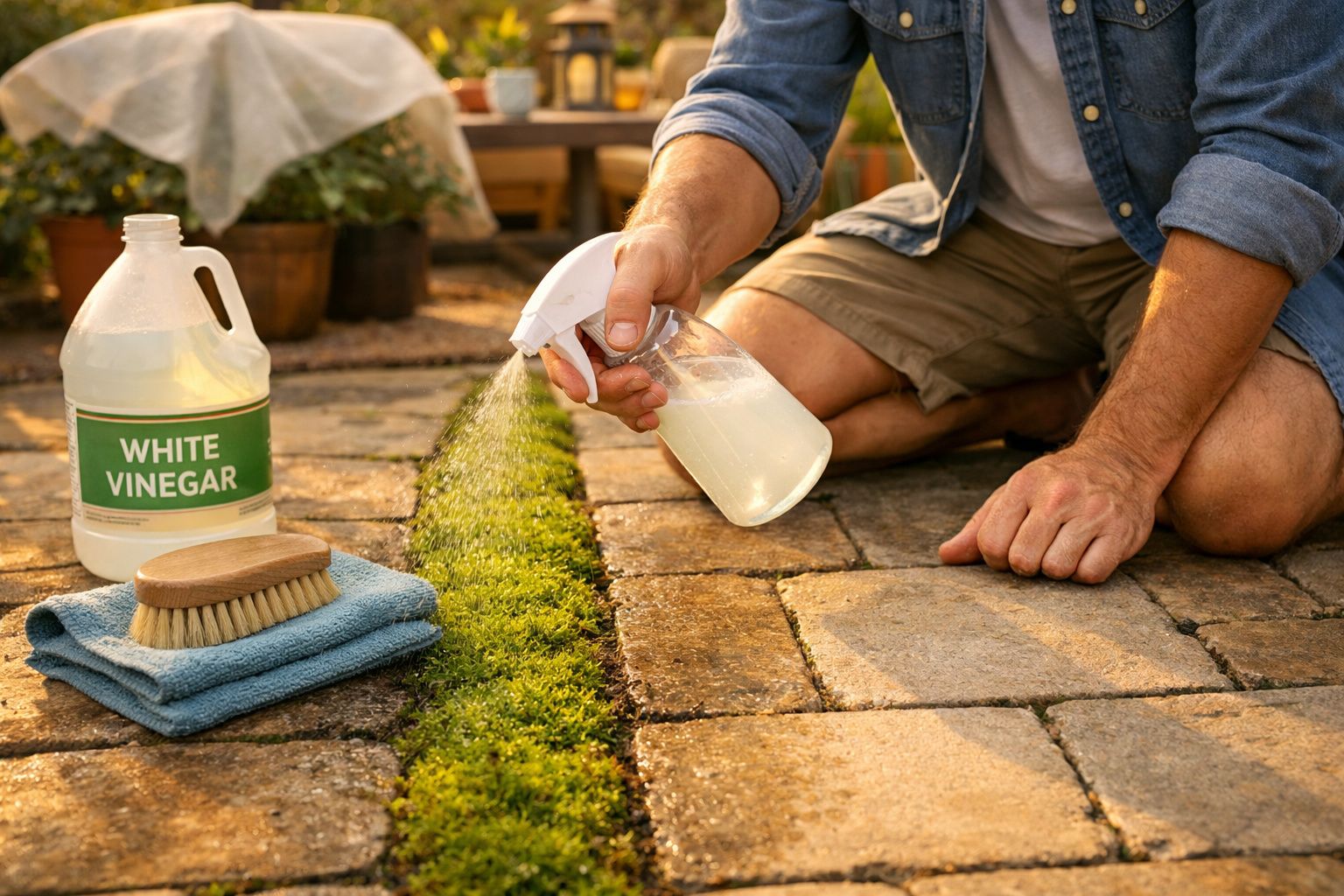 Pessoa a pulverizar vinagre branco em musgo entre pedras num pavimento exterior.