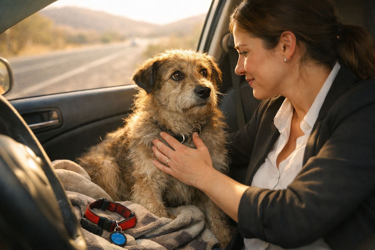 Mulher acaricia cão castanho dentro de carro junto a estrada ao entardecer.