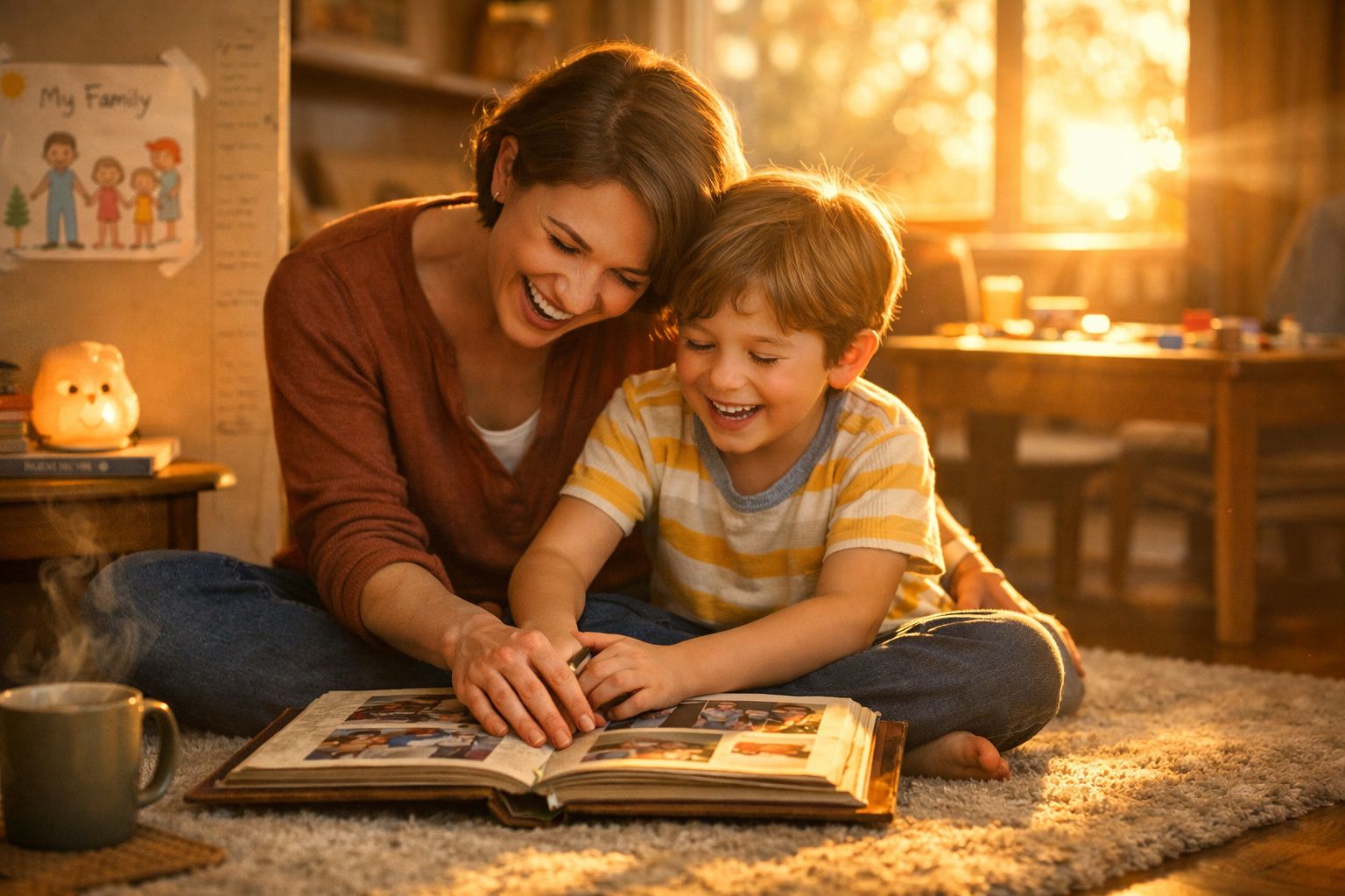 Mulher e menino sorridentes sentados no chão, a folhear álbuns de fotografias numa sala iluminada.