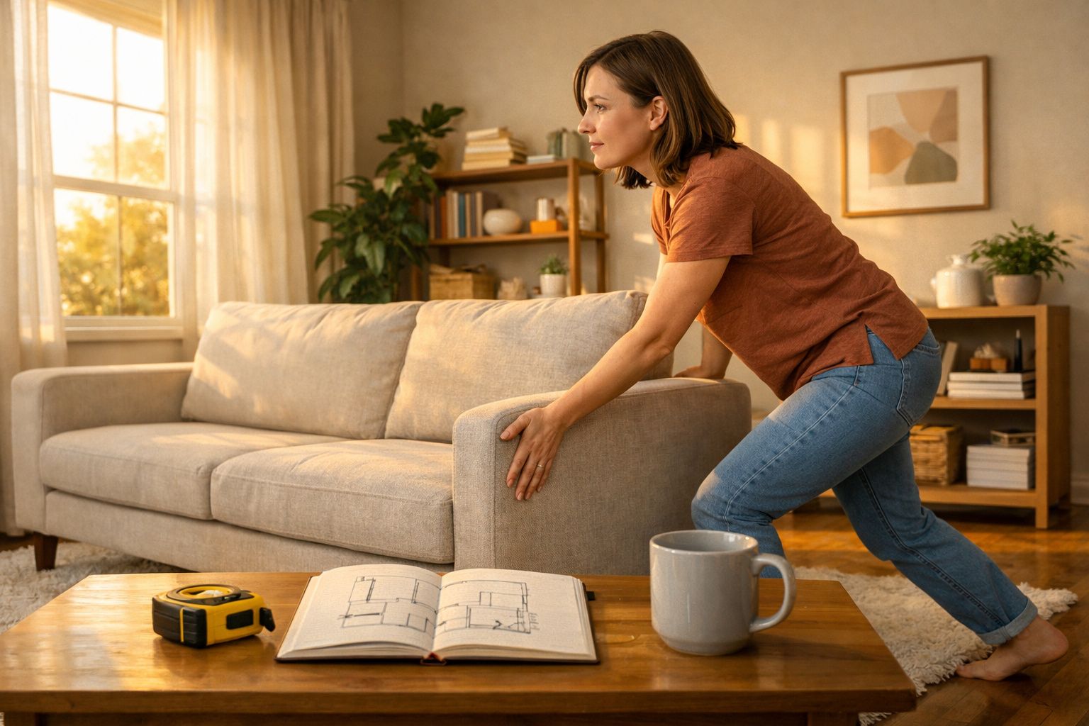 Mulher a posicionar um sofá claro numa sala iluminada com mesa de madeira, planta e livro de plantas.