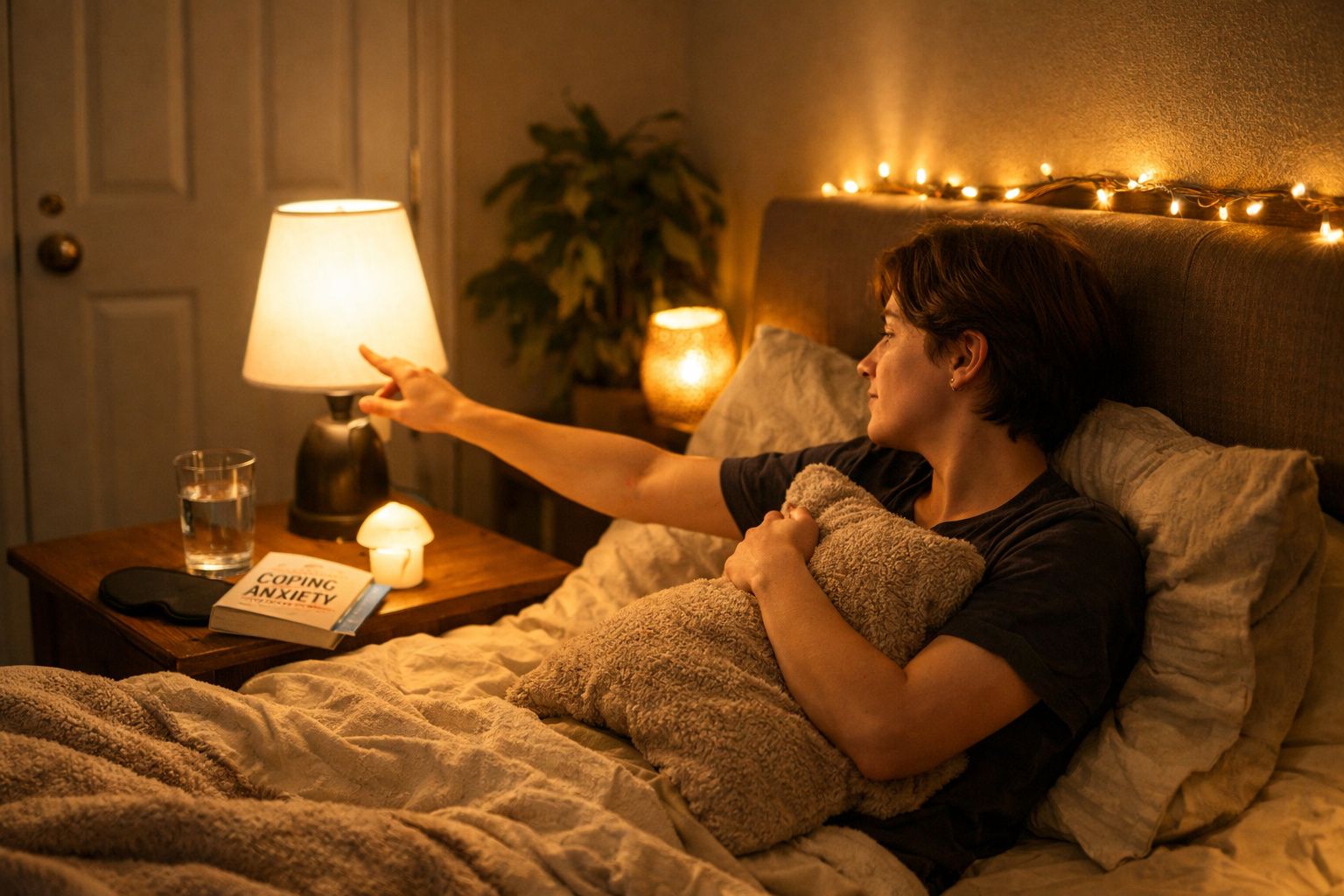 Pessoa na cama a apagar a luz, abraçando almofada, num quarto com iluminação ambiente amarela.