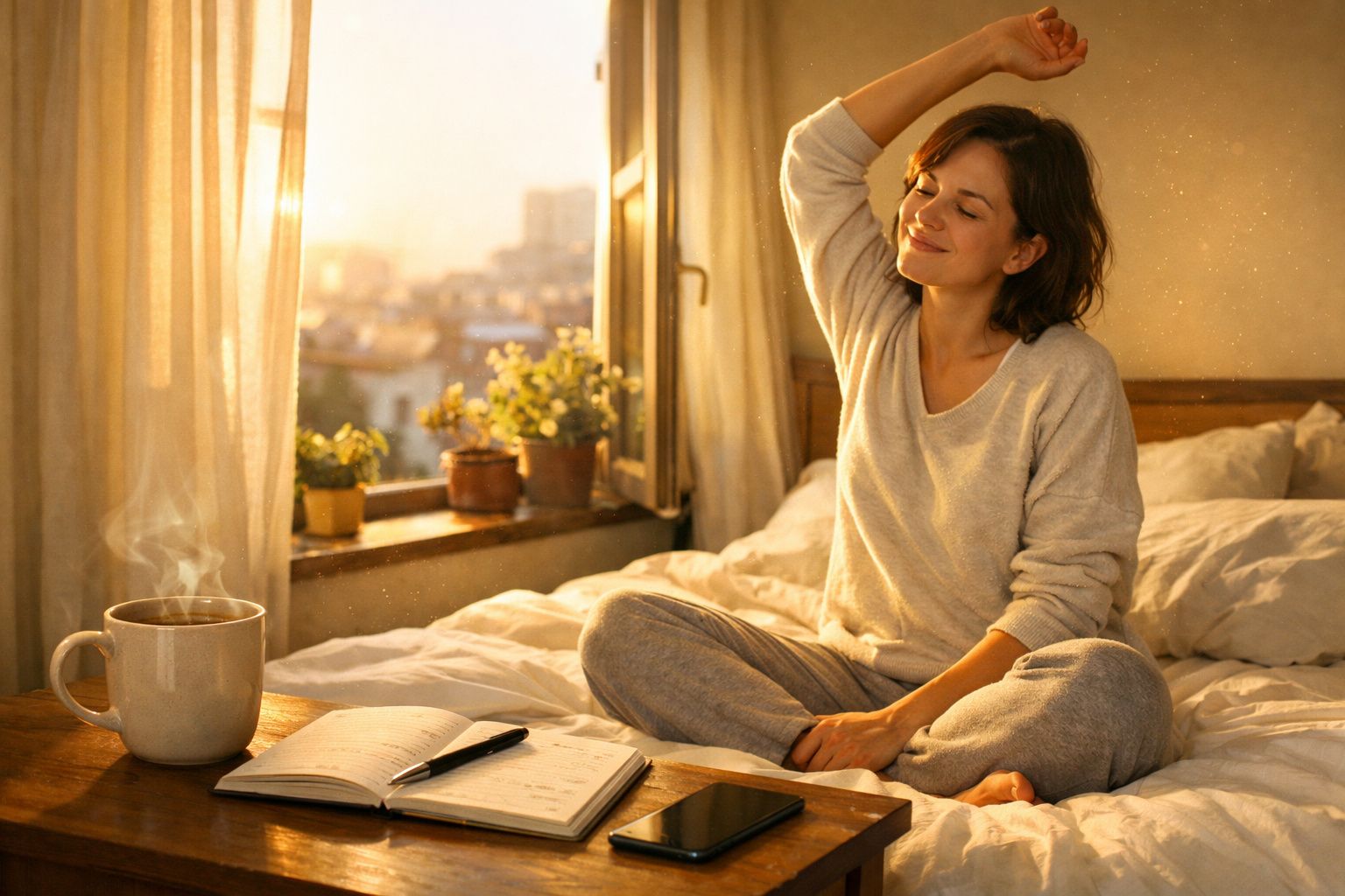 Mulher a espreguiçar-se na cama ao amanhecer com chá, caderno e telemóvel numa mesa à frente.