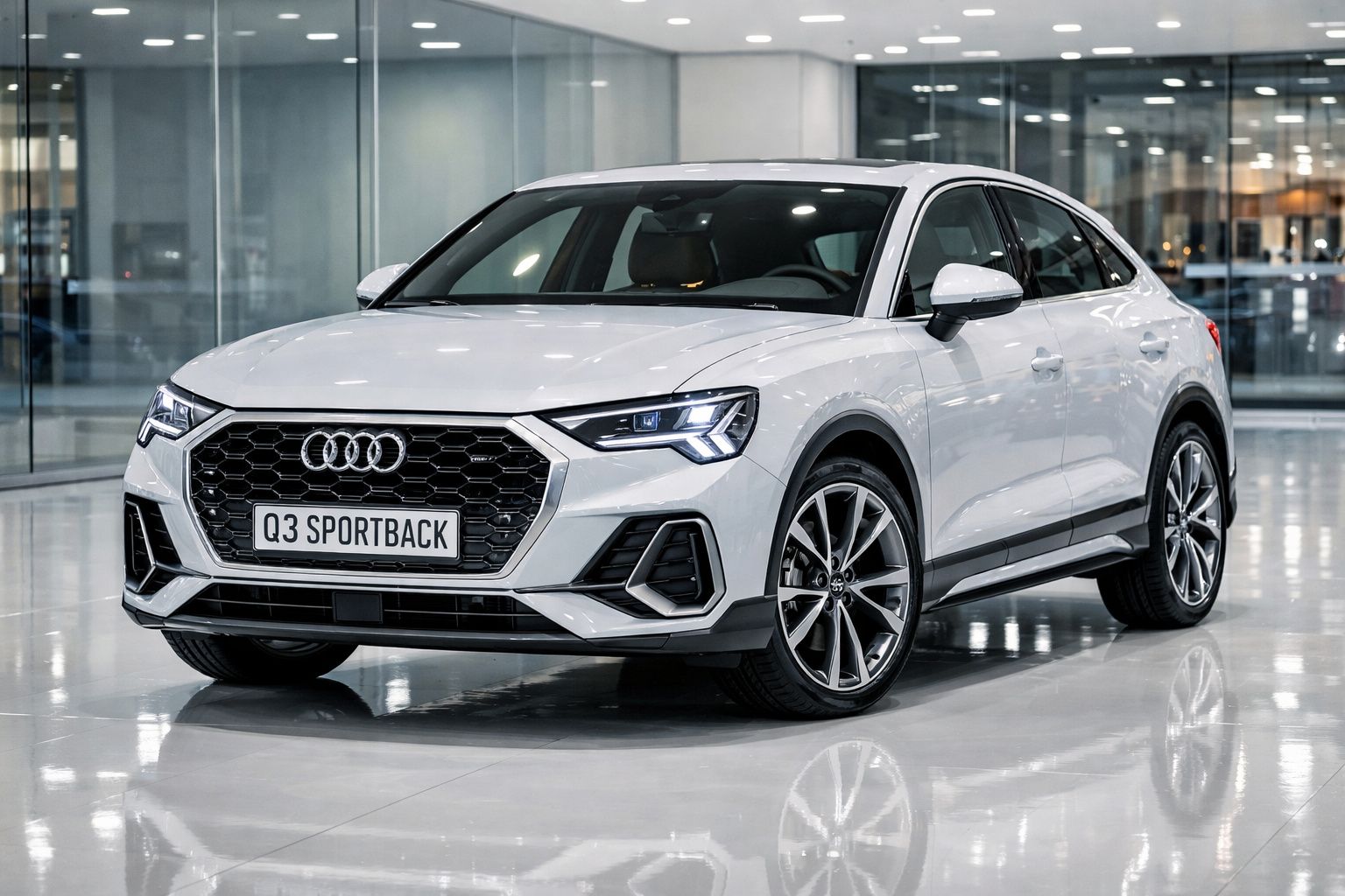 Carro Audi Q3 Sportback branco estacionado em interior moderno e brilhante.
