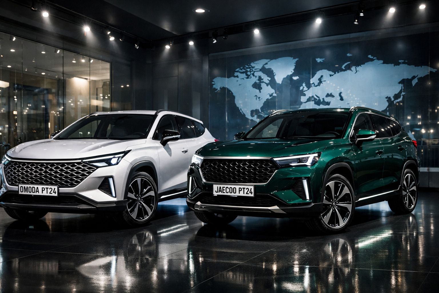 Dois SUVs modernos estacionados em showroom com mapa mundi iluminado ao fundo.
