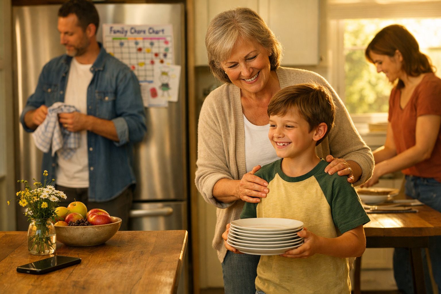 Mulher idosa sorri para menino que segura pratos, com homem e mulher a preparar refeição na cozinha ao fundo.
