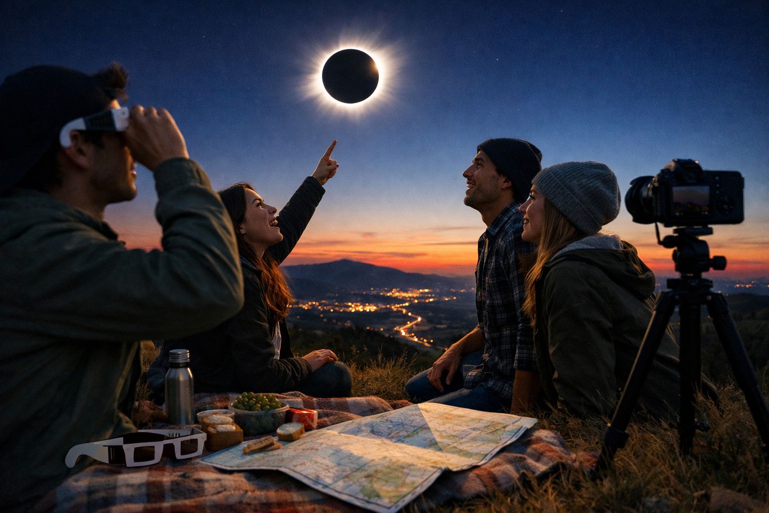 Quatro pessoas observam um eclipse solar ao entardecer, com câmera fotográfica e mapa ao redor.