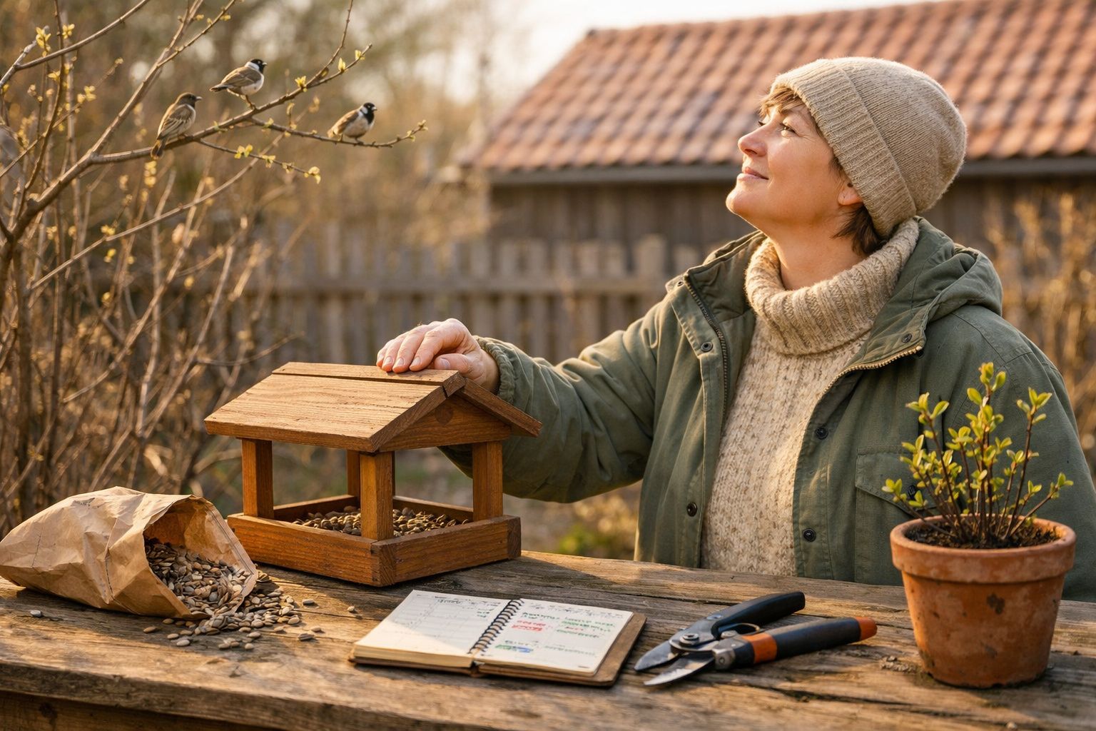 Mulher a alimentar pássaros com alimentador de madeira e caderno sobre mesa de madeira no jardim.