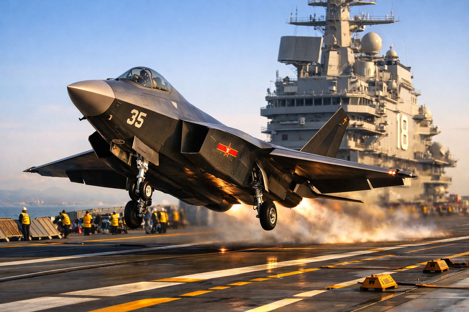 Caça militar chinês a descolar de porta-aviões em convés com tripulação ao fundo.