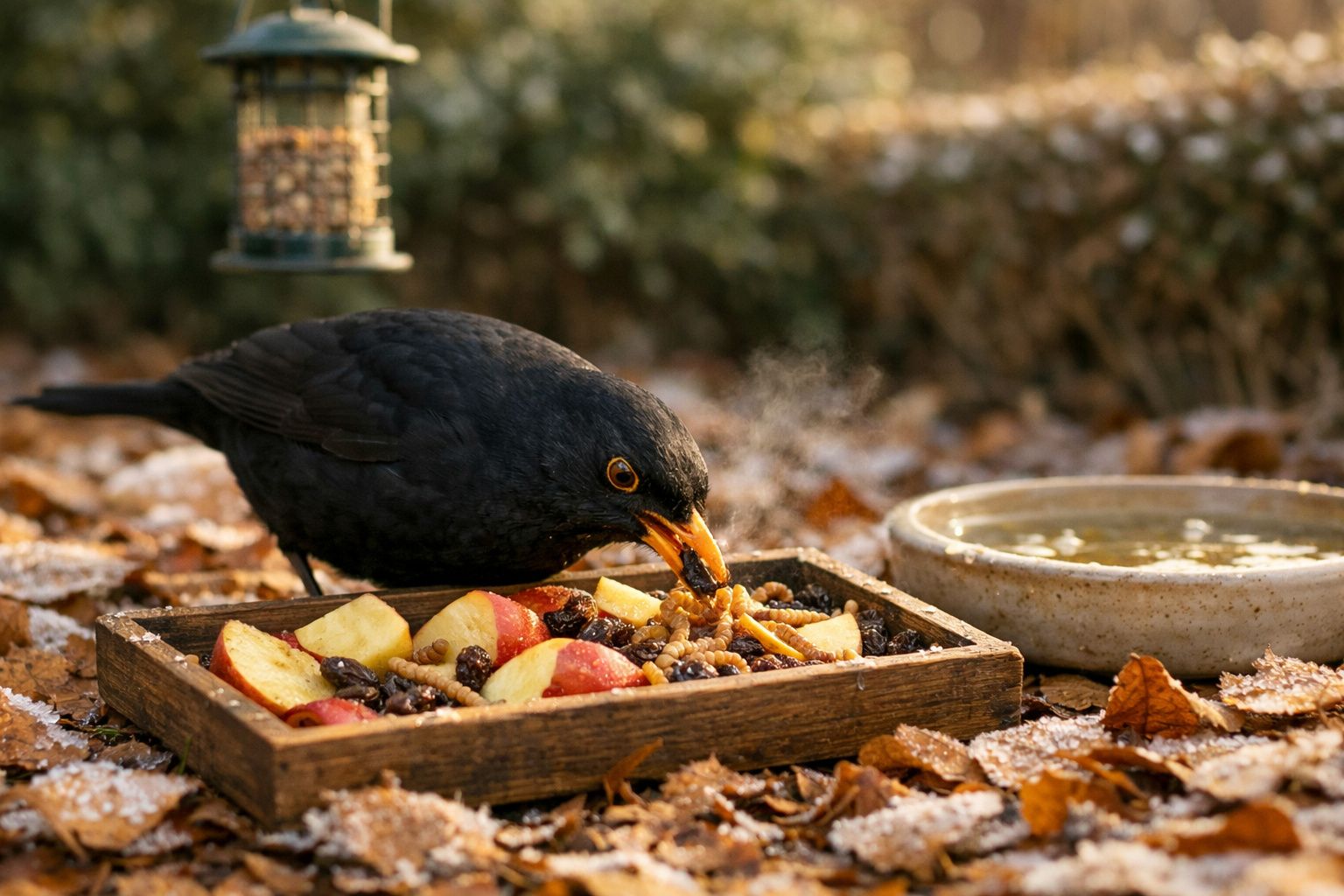 Pardal preto a comer numa bandeja de madeira com fruta, sementes e passas, no chão coberto de folhas secas.